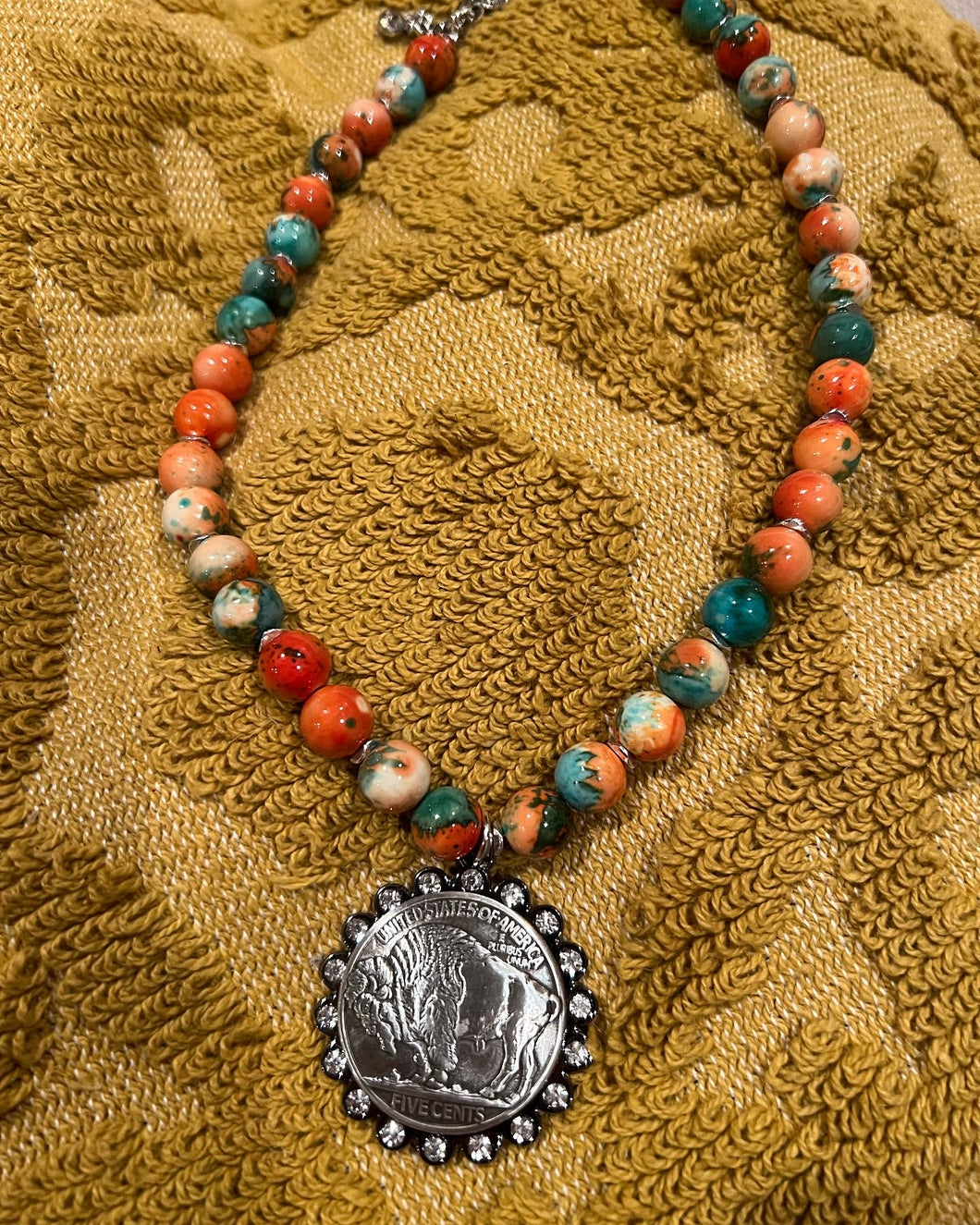 Orange Buffalo Coin Necklace