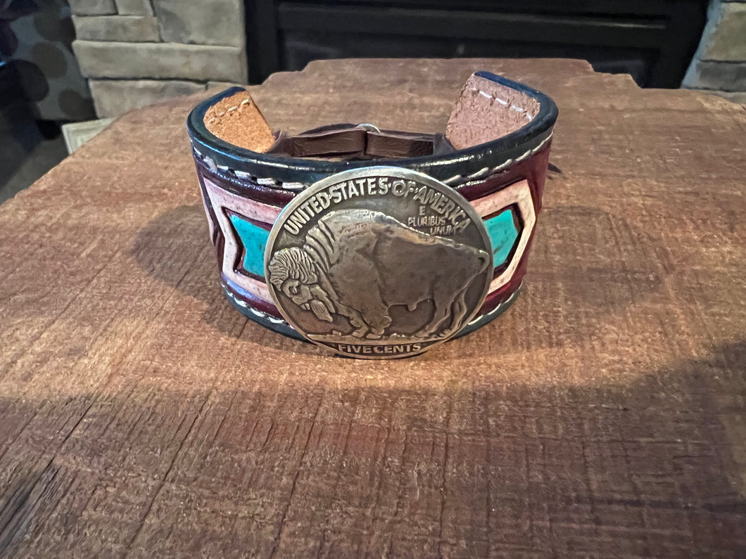 Tooled Leather Buffalo Coin Cuff
